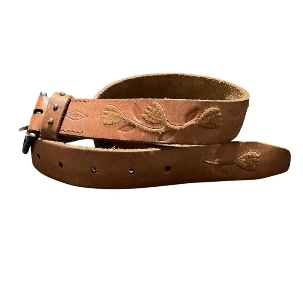 Fossil Women's Embossed Embroidered Brown Leather Belt With Floral Pattern Sz S - Picture 1 of 7